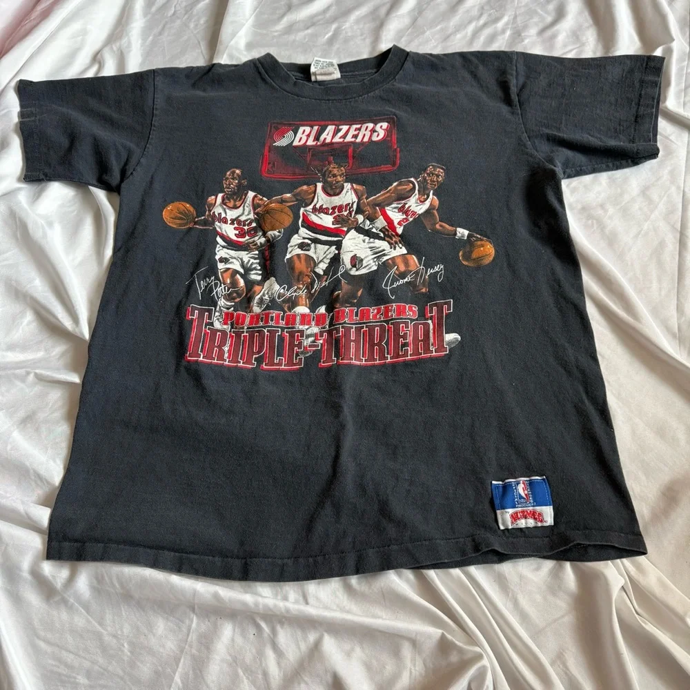 Vintage 1990s Nutmeg Mills Portland Trail Blazers Triple Threat XL Tee NBA Shirt